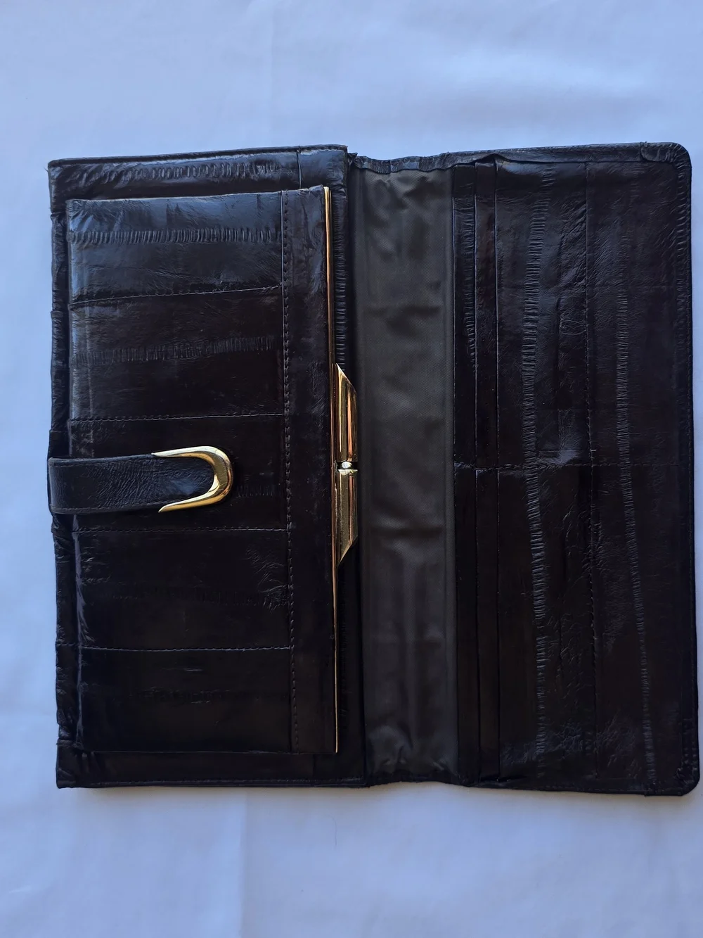 Vintage Lotte Mimi Genuine Eel Skin Trifold Wallet Clutch - Dark Brown Chocolate